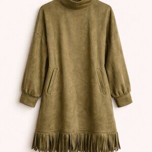 Olive Green Faux Suede Fringe Mini Dress – NWOT – Size Small